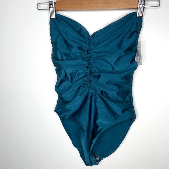Jade Swim Yara Strapless Shirred One Piece Swimsuit In Teal Shimmer Size XS New - Picture 3 of 11